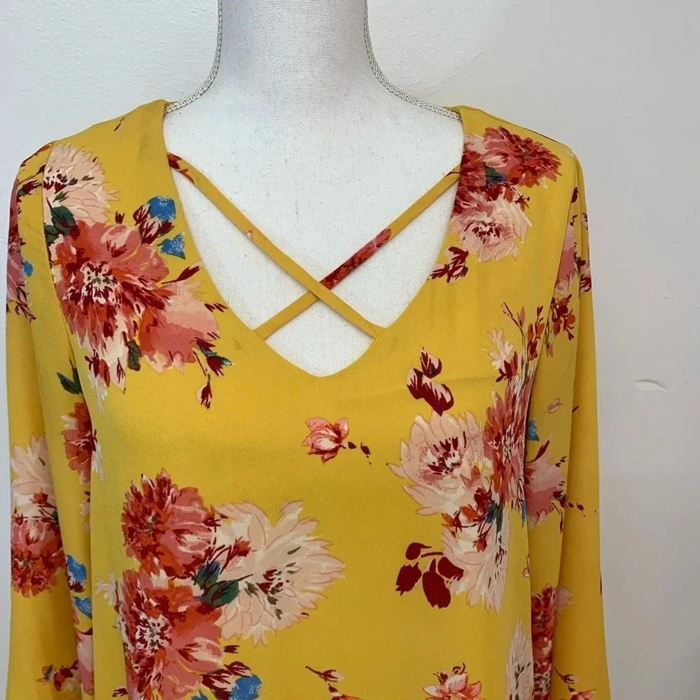 AUW Floral Short Dress Small Yellow Red‎ Sheer Lined Long Bell Sleeve  Key Hole - Picture 3 of 13